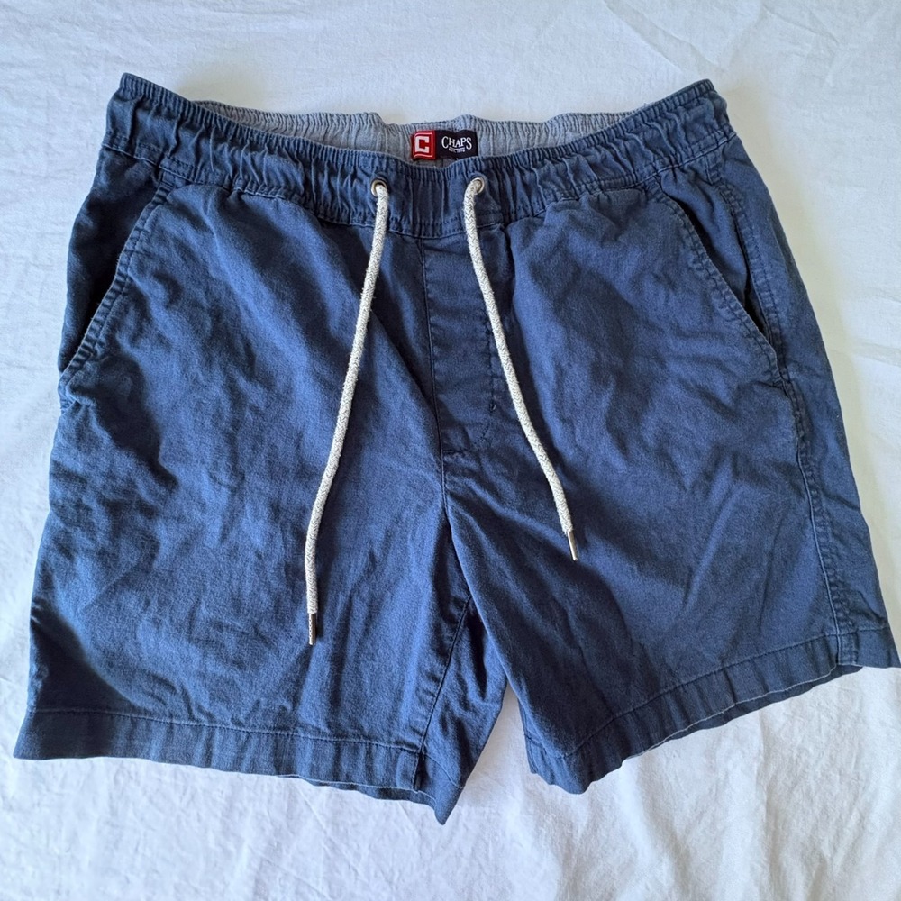 Chaps Mens Blue Linen Blend Drawstring Elastic Waist Comfort Chino Shorts Size L
